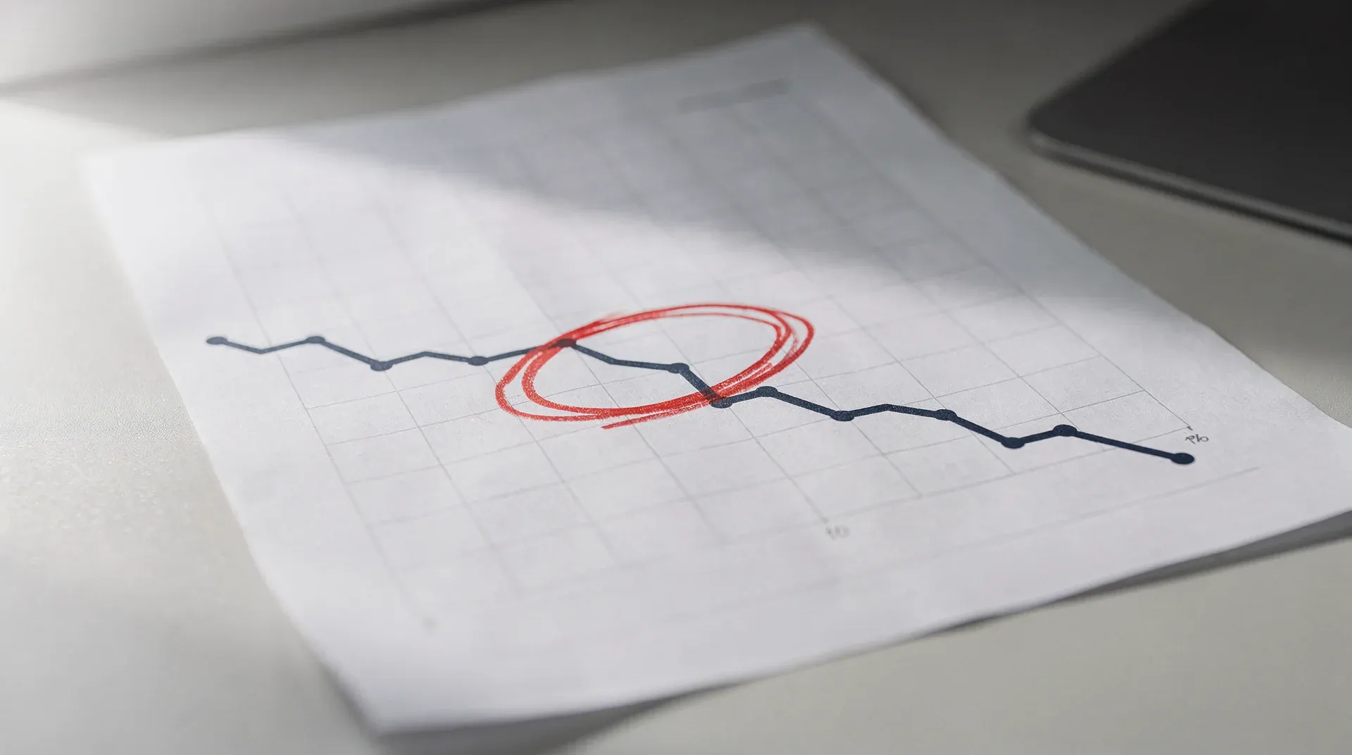 A printed chart of declining revenue margins, a red circle highlighting a downward trend, on a white desk