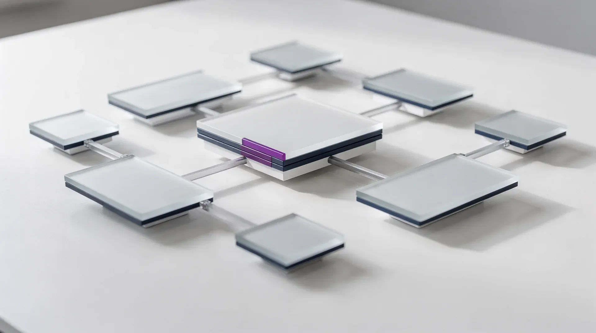 Hierarchical glass and white blocks forming a tree diagram on a white desk