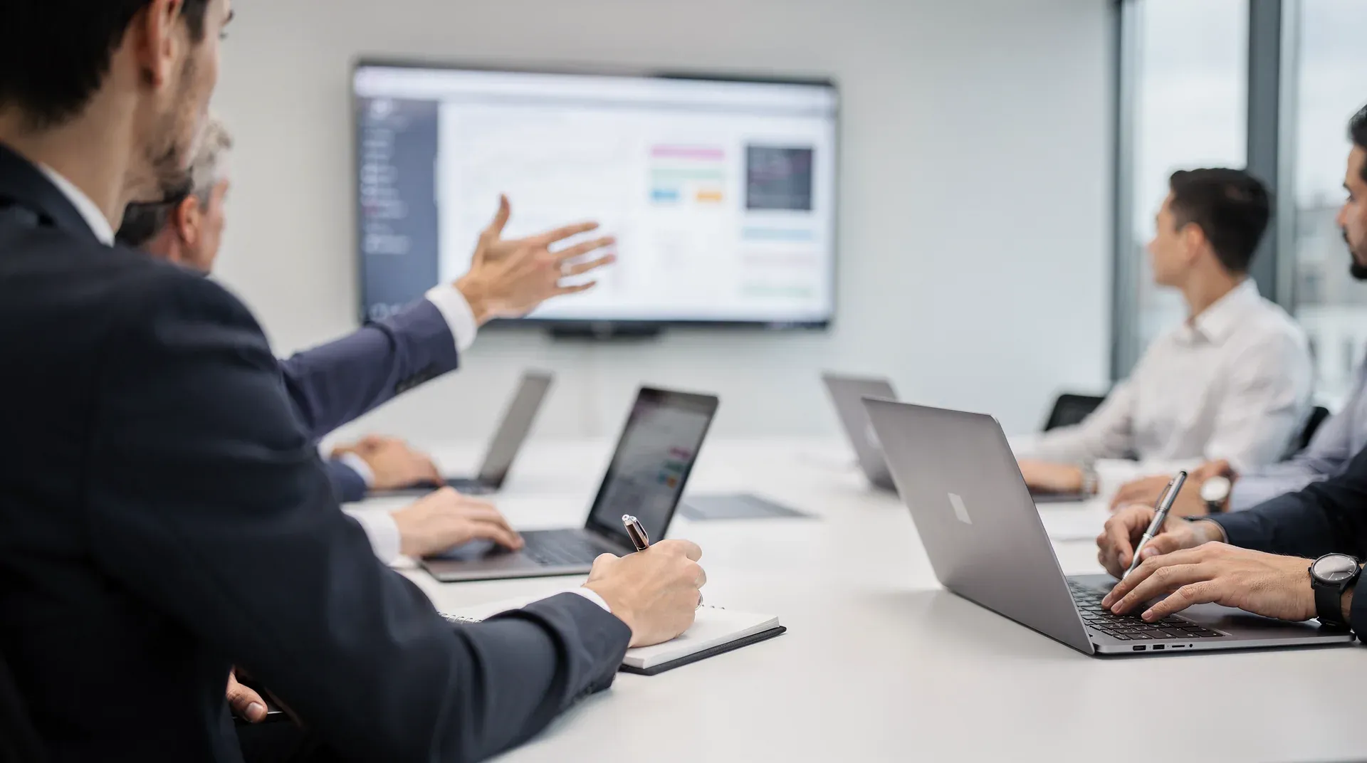 Marketing team collaborating around a table, pointing at an analytics dashboard on a wall screen.